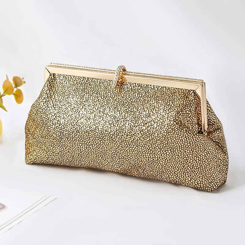 Women Golden Glitter Evening Clutch Bag Rhinestone Metal Frame Kiss Lock Handbag Wedding Guest Formal Party Purse Sacs De Soirée