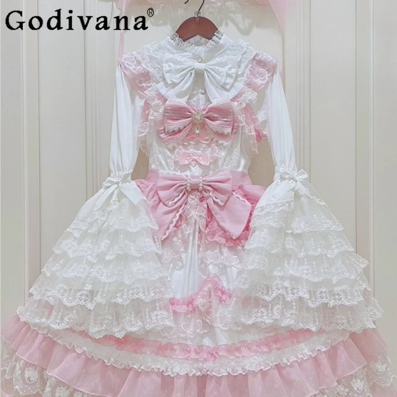 

Japanese Cute Girls Sweet Lolita Ji Sleeve Shirt Spring Autumn 2025 Women's Slim Fit Elegant Cute Bow Lace Long Sleeve Blouses
