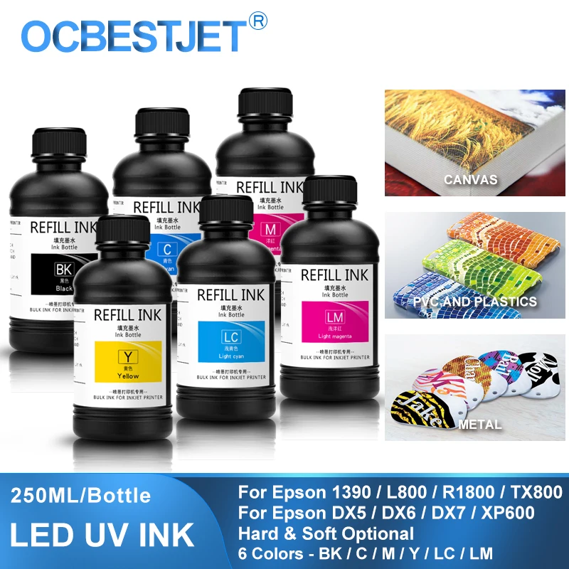 6×250ML LED UV Ink For Epson 1390 L800 L1800 L805 R1800 R1900 DX4 DX5 DX6 DX7 DX10 TX800 XP600 Printhead Colors Can be Replaced