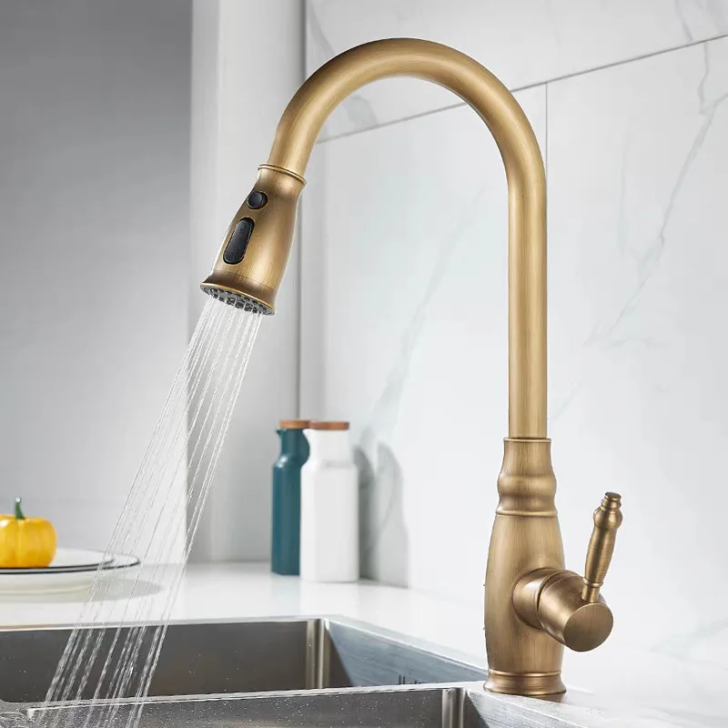Antique Style Pull-out Hot and Cold Kitchen Faucet Expandable and Rotatable Multifunctional Retro Brass Sink Mixer Faucet
