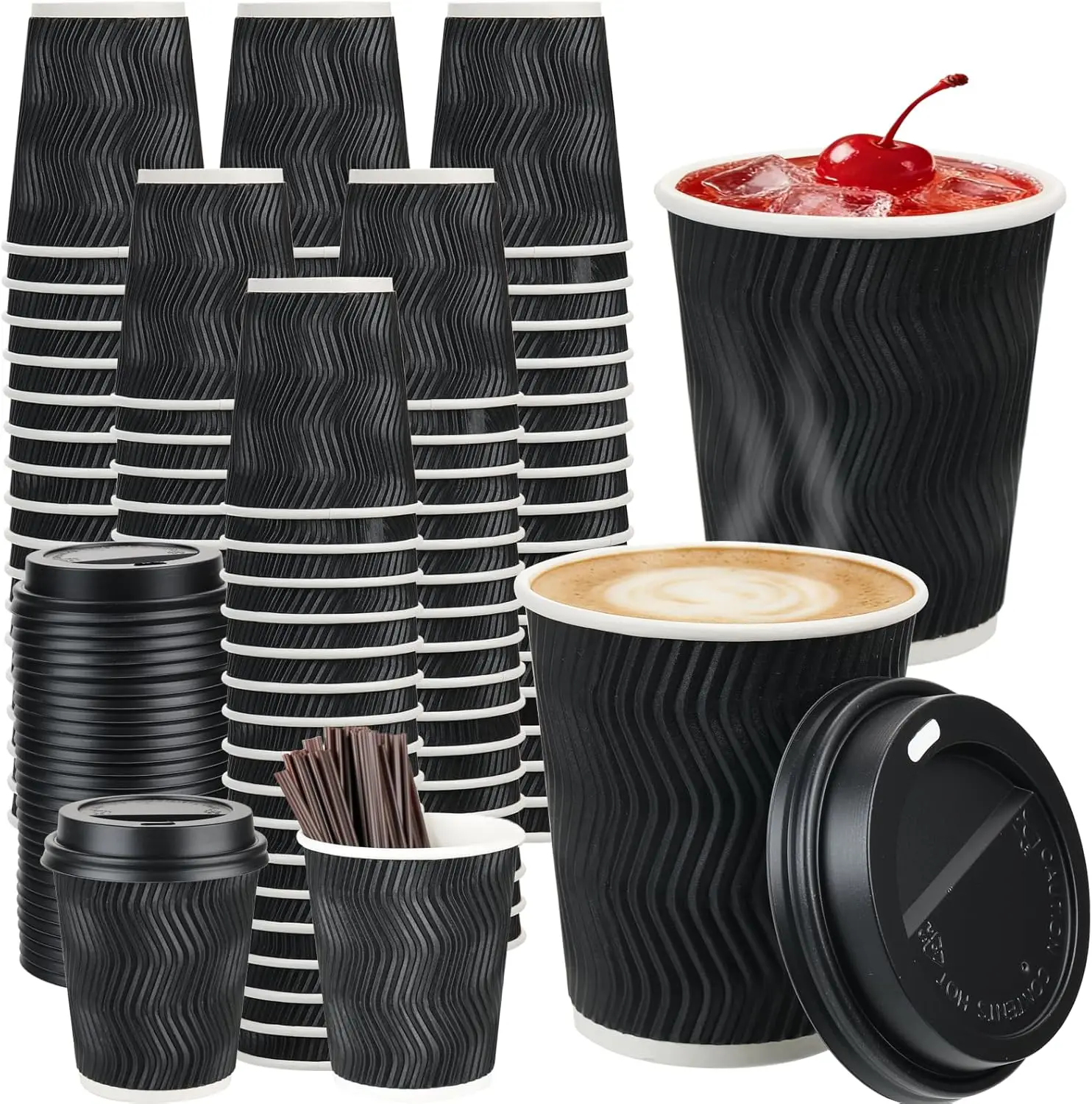 

100 Pack 8 oz Disposable Coffee Cups with Lids and Straws, To go Insulated Corrugated Thick Paper Coffee Cups for Hot/Co