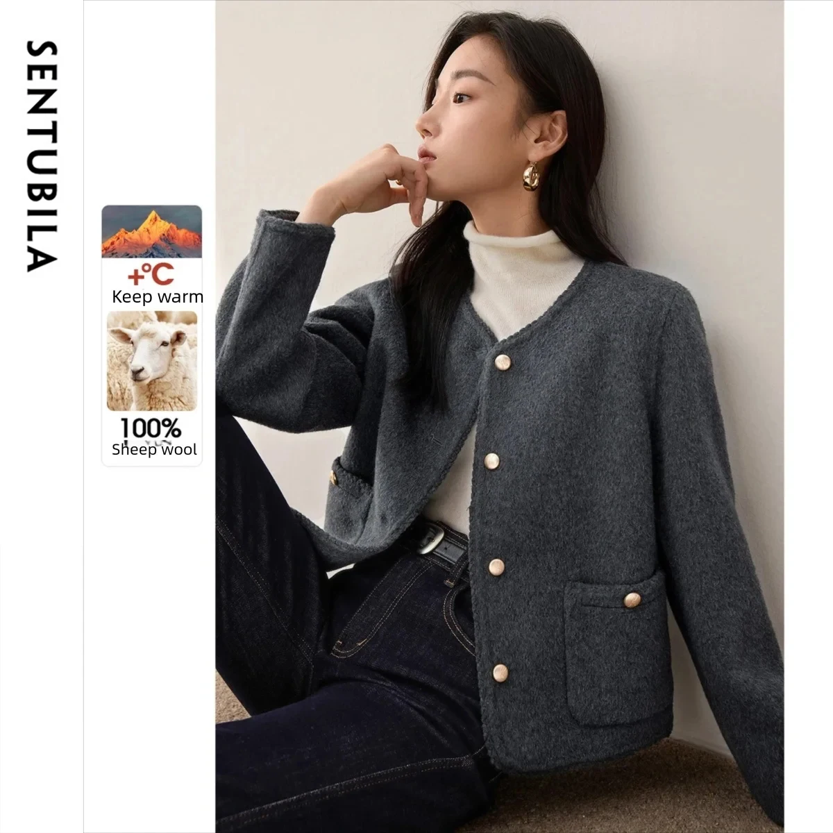 

SENTUBILA двустороннее твидовое пальто из 100% шерсти, женское зимнее короткое пальто с круглым вырезом 2025 года, маленький ароматный ветер, элегантный классический топ W54OE8776