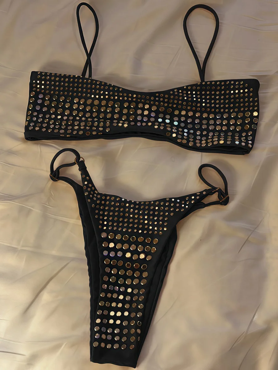 

Блестящий купальник-бикини с пайетками для женщин, раздельный комплект из двух частей, с высокой талией, для пляжа и плавания