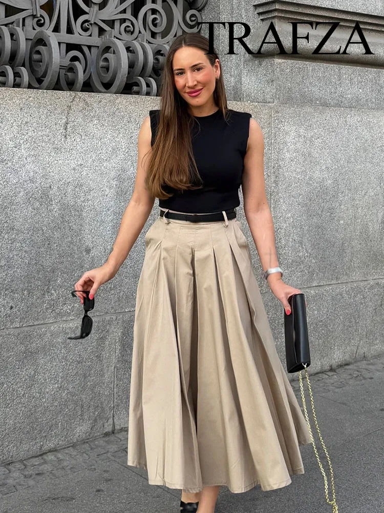 

TRAFZA Women's New Fashion Dresses Patchwork O-Neck Sleeveless Belt Decoration Female Summer Casual Slim Pleated Long Dress