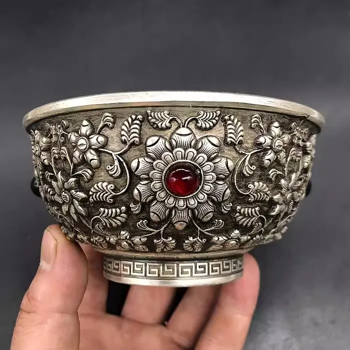 Antique Relief Flower Inlaid Gemstones Bowl Copper Silver Plated Bowl Home Decoration