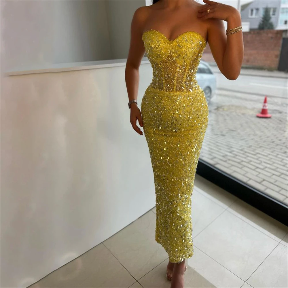 

Glitter Mermaid Evening Dresses Sweetheart Off Shoulder Sleeveless Sequins Prom Dress Ankle Length Backless Party Gowns 2023