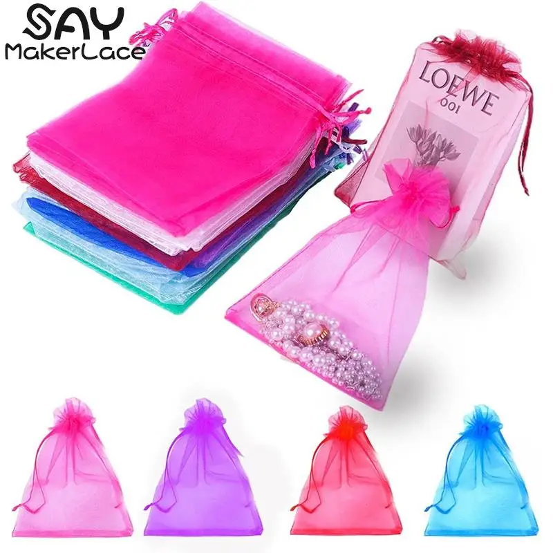 

100pcs Colorful Organza Drawstring Bag Drawstring Pouches Jewelry Packaging Bags 10x12cm/10x15cm/13x18cm Wedding Gift Storage