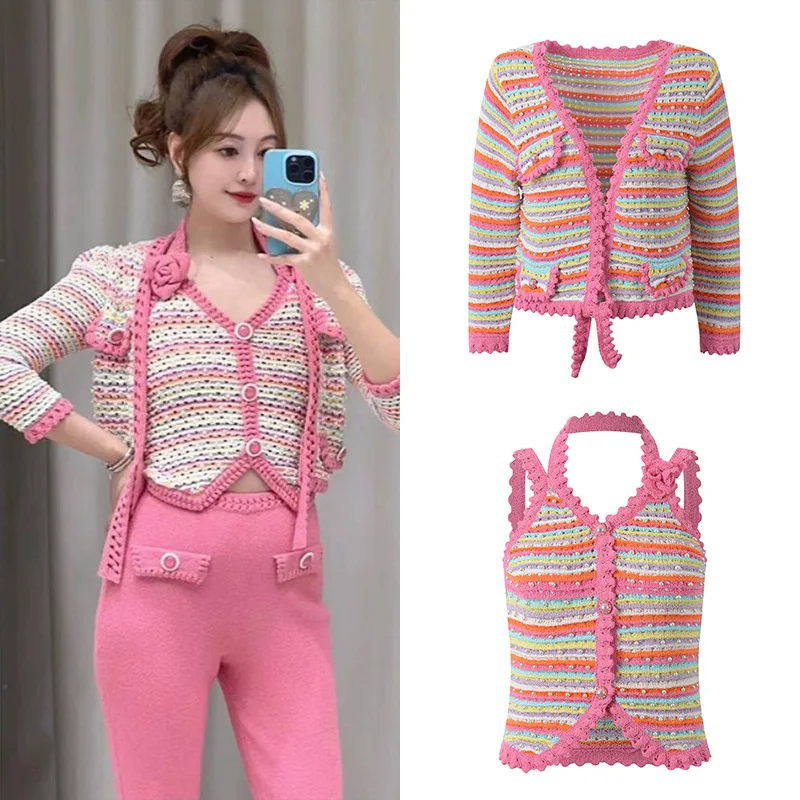 

Pink Knitted Strap Vest Women's Summer 2024 New Design Sensual ort Top Floral 3D Hanging Ne Casual Sexy Sle Ice Silk