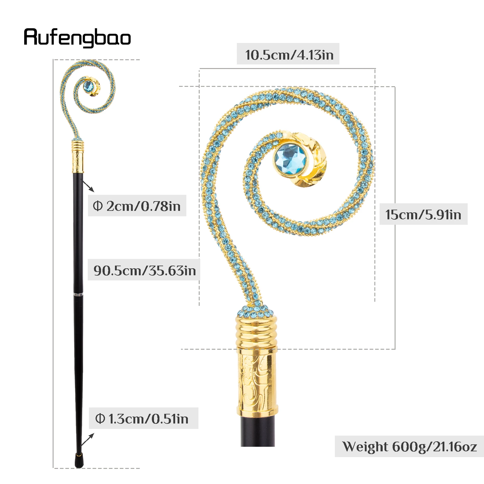 Goldener blauer Kleiderbügel, blauer Diamant, modischer Stick, dekorativer Cane, eleganter modischer Cane, Cosplay-Legierung, Crosier, Vintage-Stick, 90 cm