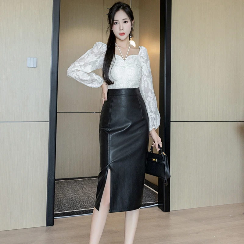 Seoulish Vintage Front Split PU Fodero in pelle Gonne a portafoglio da donna Autunno Inverno Vita alta Matita Gonne da ufficio Donna 2025 Nuovo