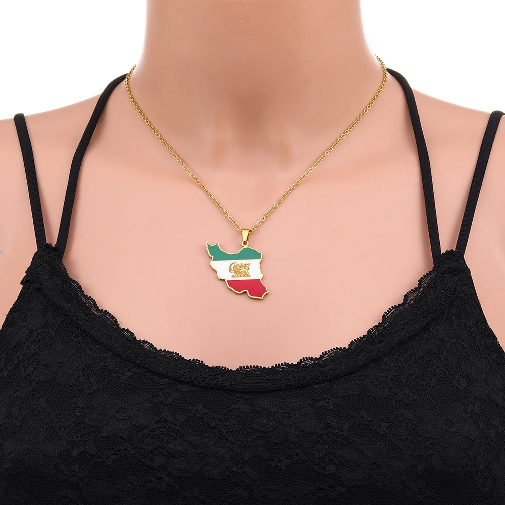Fashion Enamel Iran Map Flag Pendant Necklaces Iranian Stainless Steel Jewelry for Women Men Girls Party Birthday Gifts