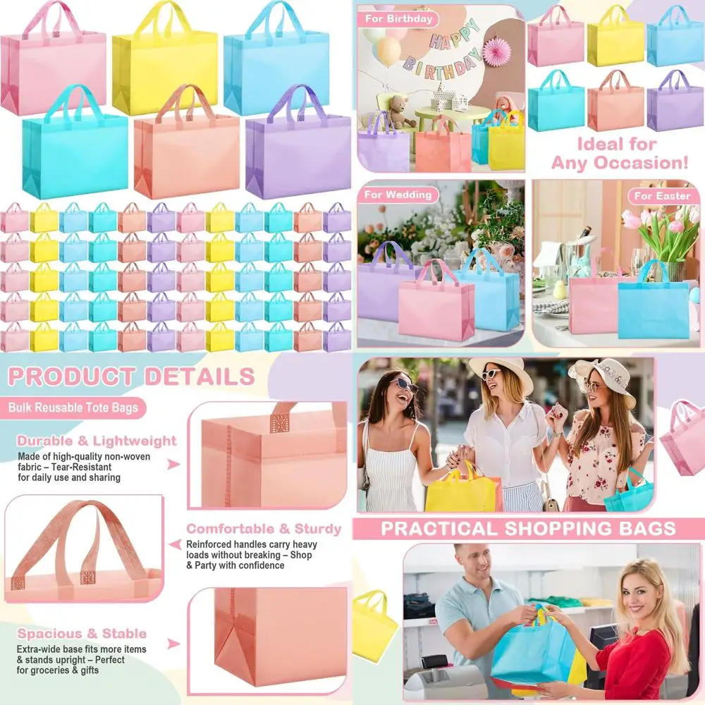 

Bulk of 120 Pastel Reusable Tote Bags with Handle for Shopping, Parties, and Retail Use