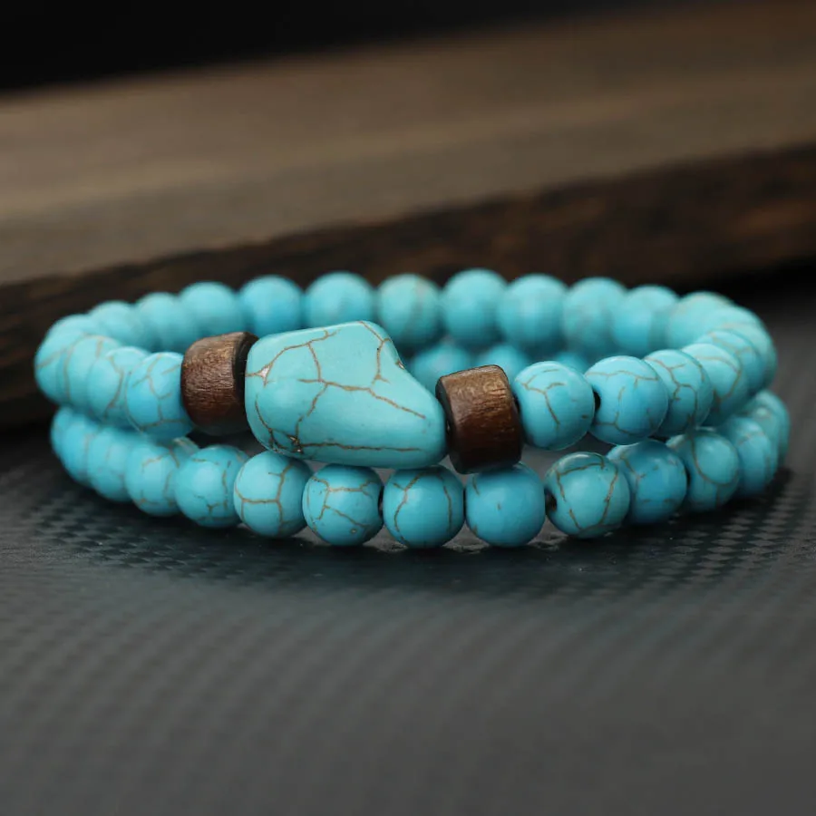 Ensemble de bracelets en pierre naturelle pour hommes, 2 pièces, Turquoises bleues, lave volcanique, perles en bois, élastiques, Protection, bijoux de guérison
