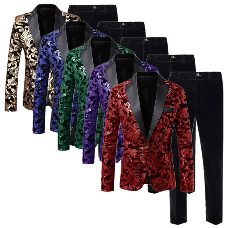 

(Blazer + Pant) Fashion Men's Wedding Prom Party Velvet Suit ,Red , Blue ,Singer Host Stage Performance Luxury Sequin Dress Sets