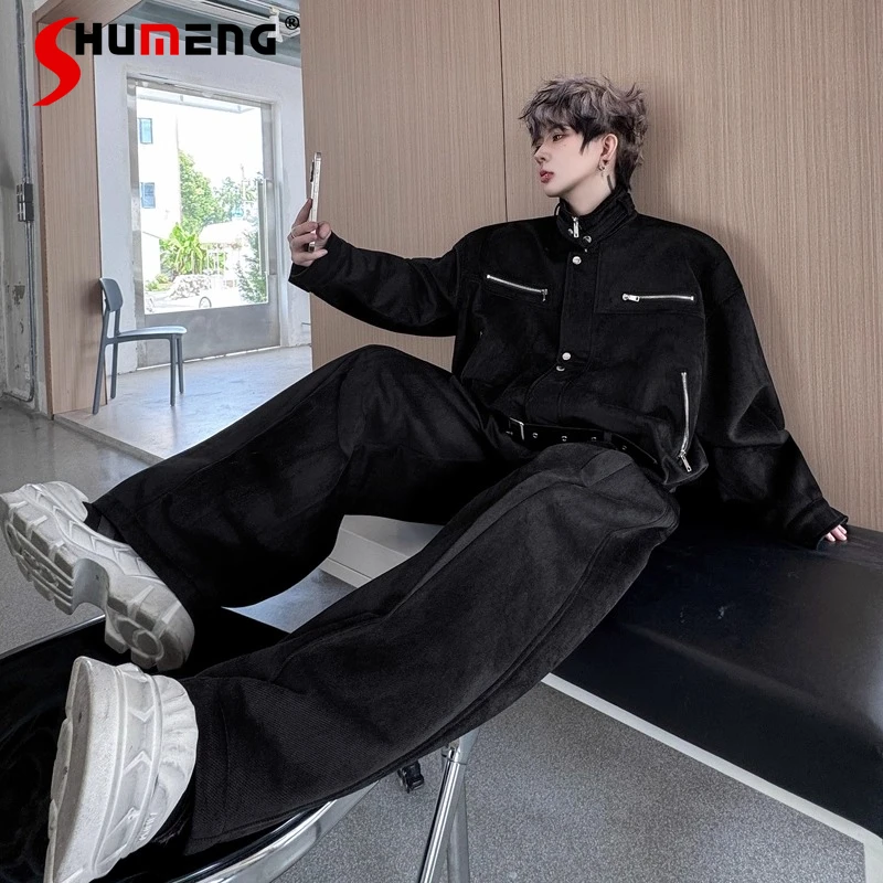 الرجال 2025 شتاء جديد شارع العليا الرجعية جاكيت زيبرا مجموعات الرجال الراقية أنيق 2 قطعة سميكة واسعة الساق السراويل قطعتين مجموعات #1