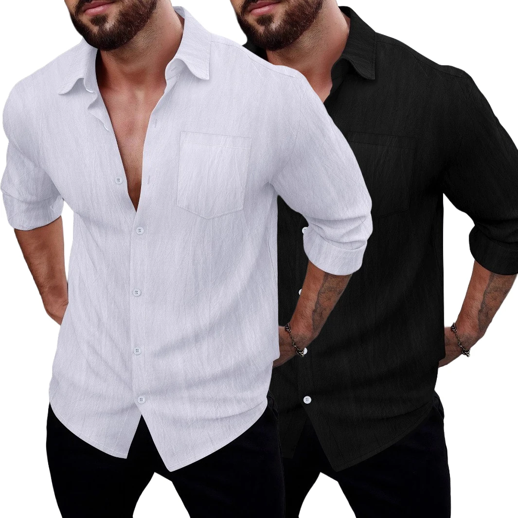 

2026 New Men's Linen Shirts 2 Pack Turn Down Collar Button Down Long Sleeve Casual Tops with Chest Pocket