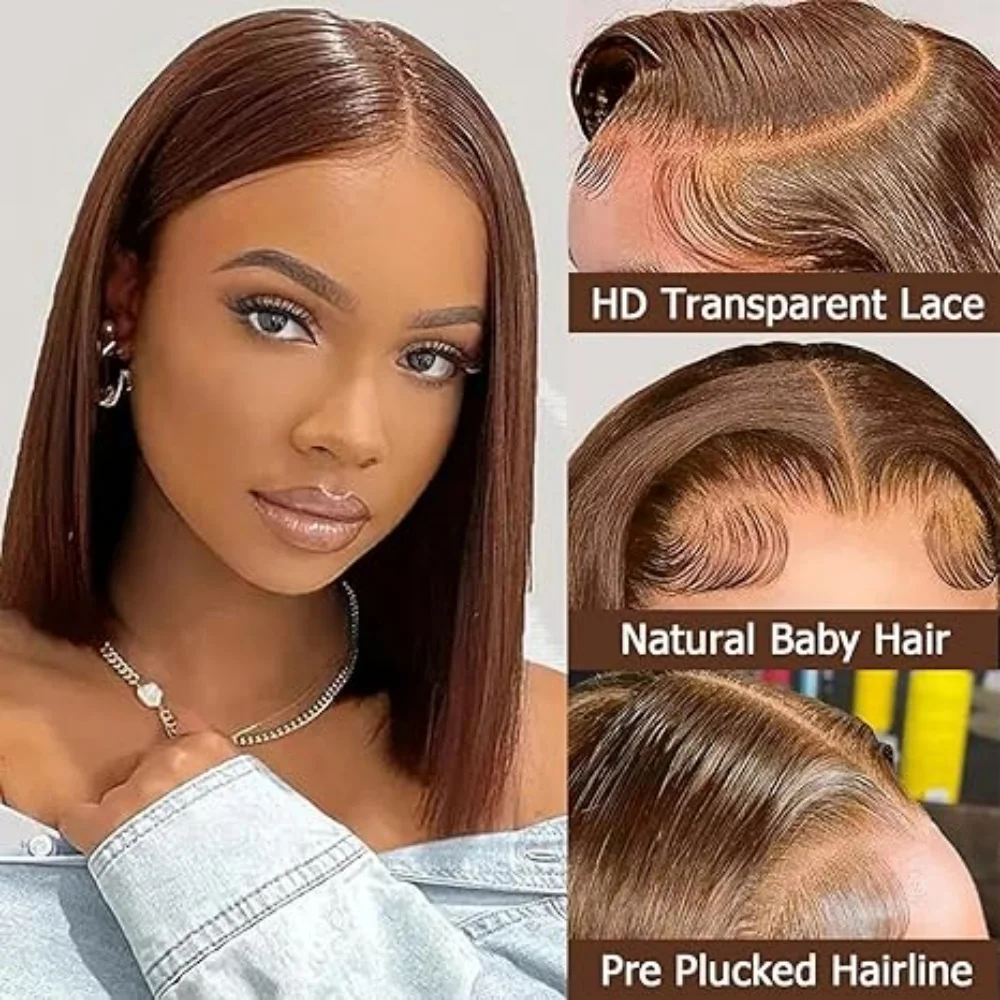 Parrucche Bob Marrone Cioccolato 13X6, Densità 200% # Parrucca Bob con Frontale in Pizzo HD 13x6, 4 Colori, 10-16 Pollici, Pre-Plucked, 100% Capelli Umani, Consegna in 3-7 Giorni