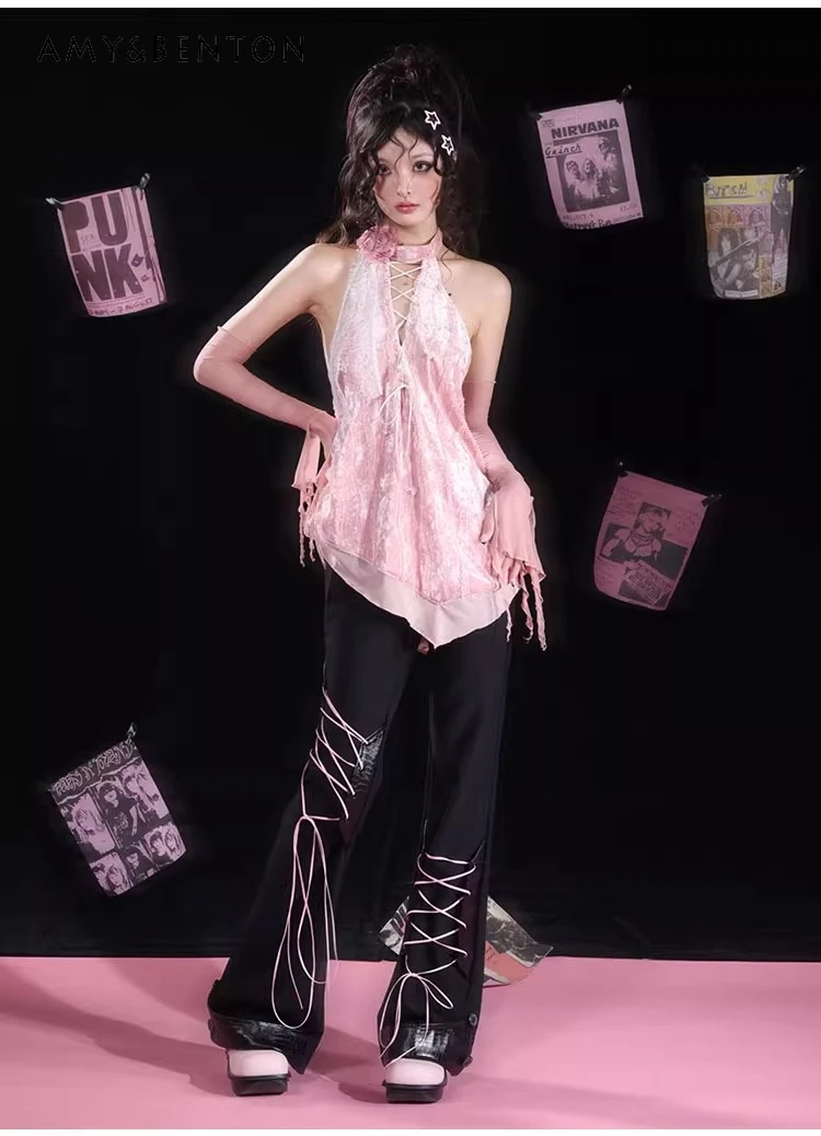 

Summer New Halter Neck Design Three-Dimensional Lace Backless Sexy Pink Rose Camisole Top and Lightweight Sleeve Covers