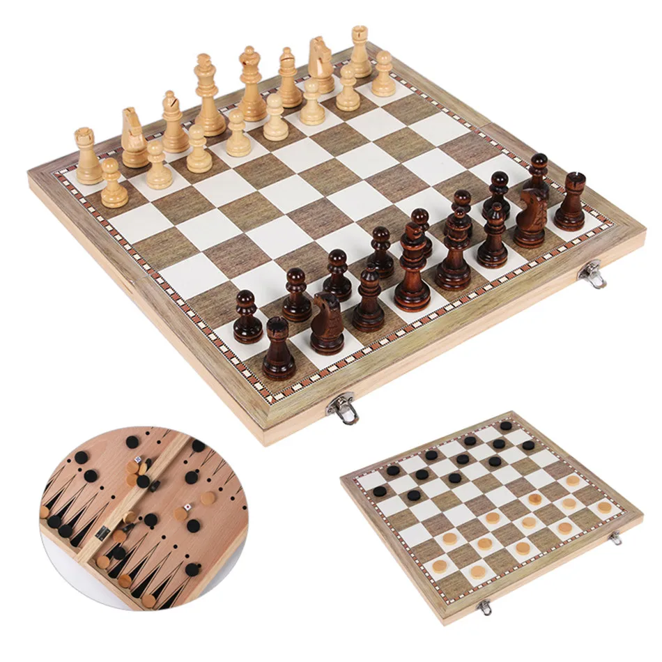 Wooden Chess Backgammon Checkers 3 in 1 Chess Set Travel Game Wooden Chess Pieces and board for Kids Adult Family Board Game