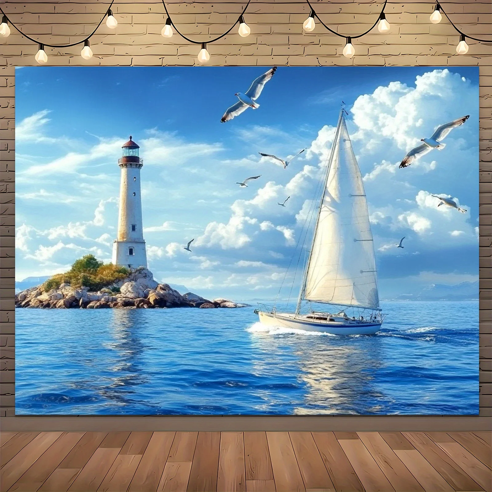 Nautical Lighthouse Coastal Tapestry Wall Decor Art Hanging Seascape Canvas Print Home Beach Ocean Sailing Sailboat Tropical Tra