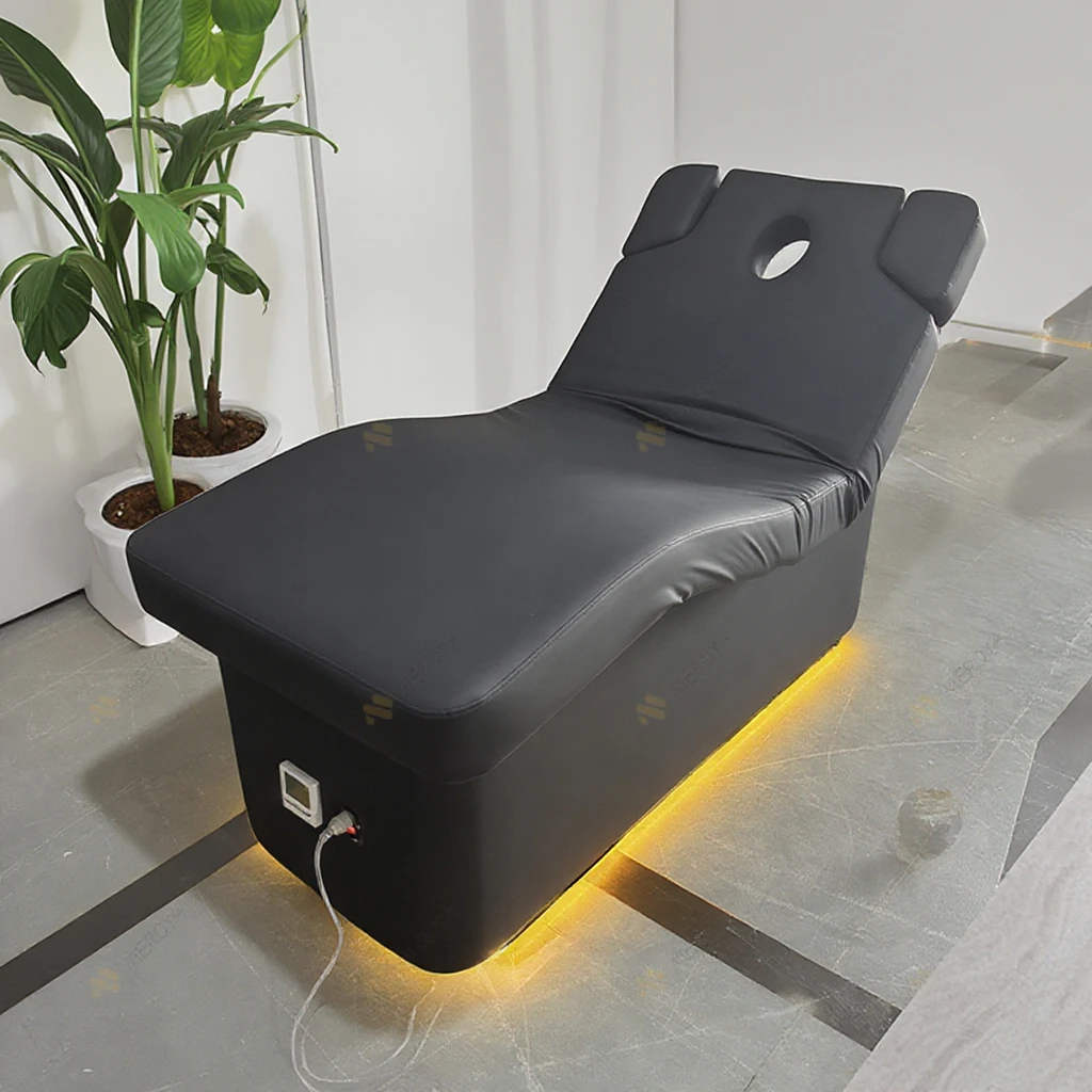 Luxury Full Black Beauty Salon 2 Motors Electric Massage Table and Bed Modern Cosmetic Facial Bed with Heating and Lights