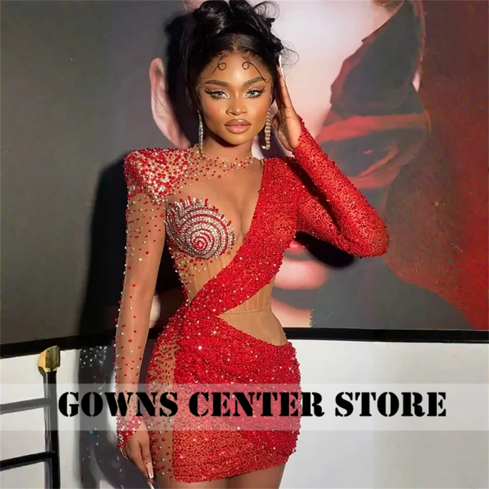 Sedutor vermelho mangas compridas aso ebi vestidos de baile luxo 2025 contas strass ver através mini vestidos cocktail africano personalizado