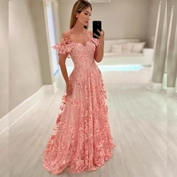 Pink Floral Lace Prom Dresses A-line  Off the Shoulder Formal Party Gown Custom Made Long Bohemian Robe De Soiree