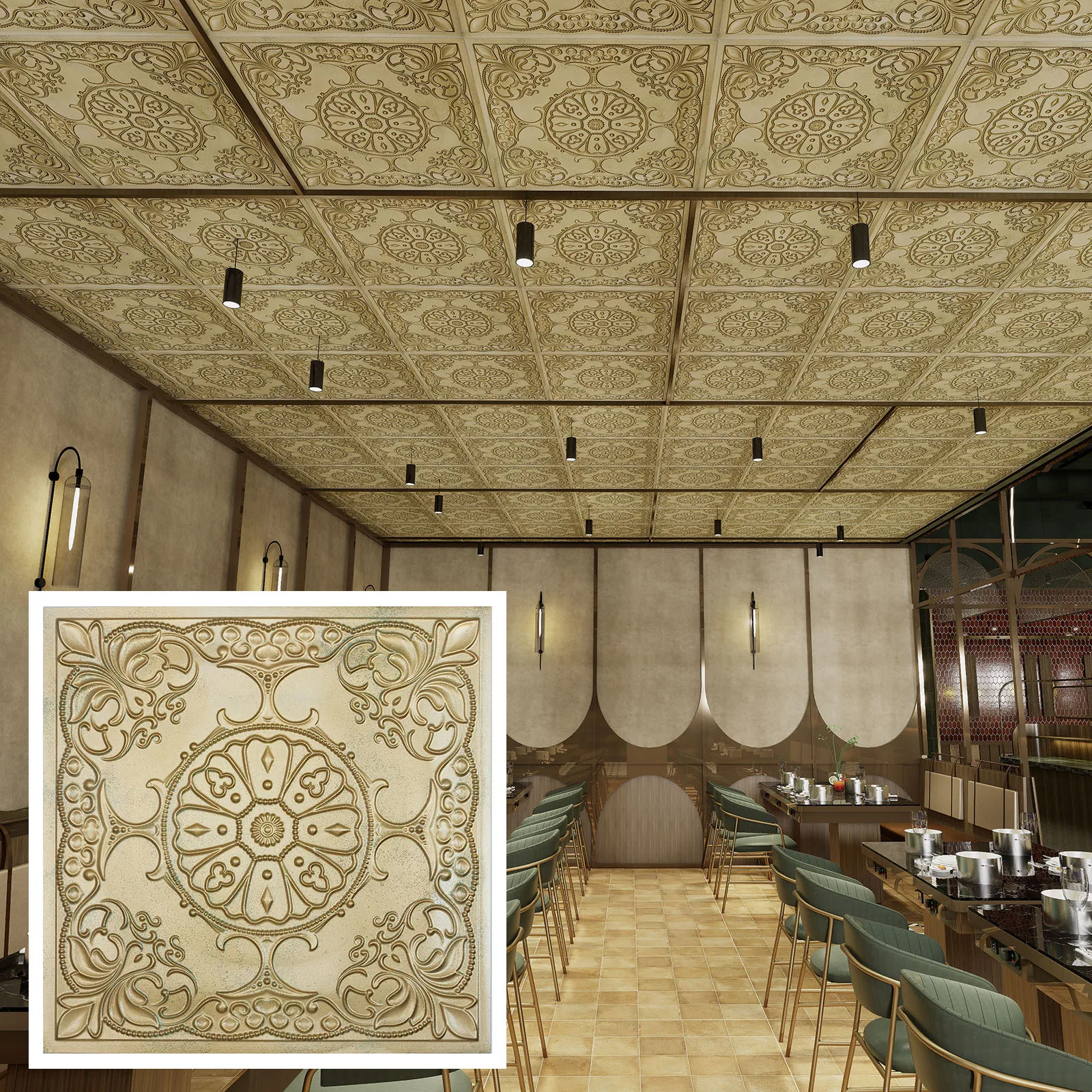 Vintage Pattern Tin ceiling Tiles Easy to Install PVC Panels for Nightclub PL71 Brass verdigris 10pcs