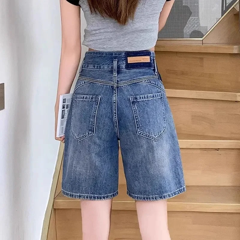 High waisted denim shorts for women 2025 New Summer Loose Straight leg five inch mid length pants Female Casual Short Jeans