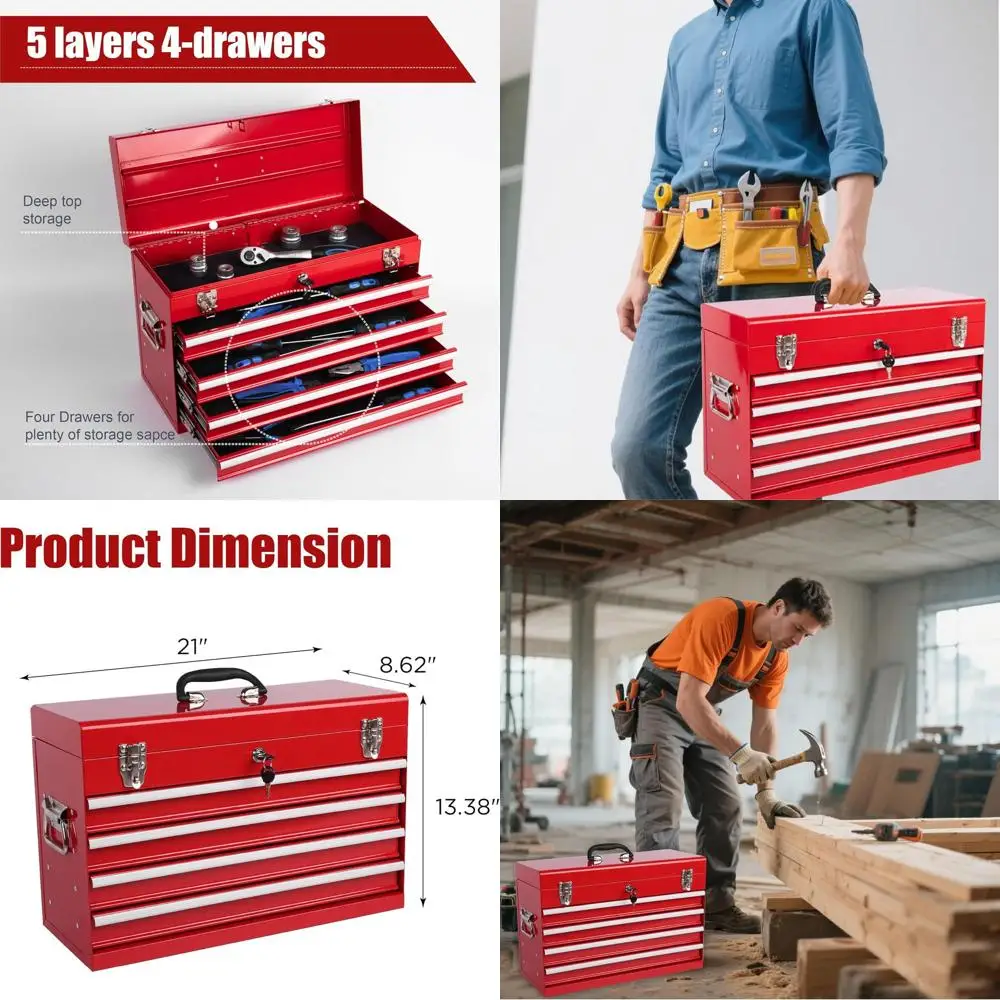 

Переносной стальной ящик для инструментов с 4 выдвижными ящиками, 5-слойным хранением, металлическими защелками, верхним лотком и ручкой для переноски для гаража, дома или мастерской