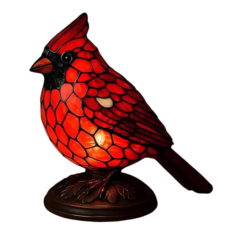 A59Z-لغرفة المعيشة بجانب السرير لغرفة النوم ديكور المنزل بطارية تعمل بالطاقة اليدوية الزجاج الملون مصابيح الطيور-تصميم الكاردينال