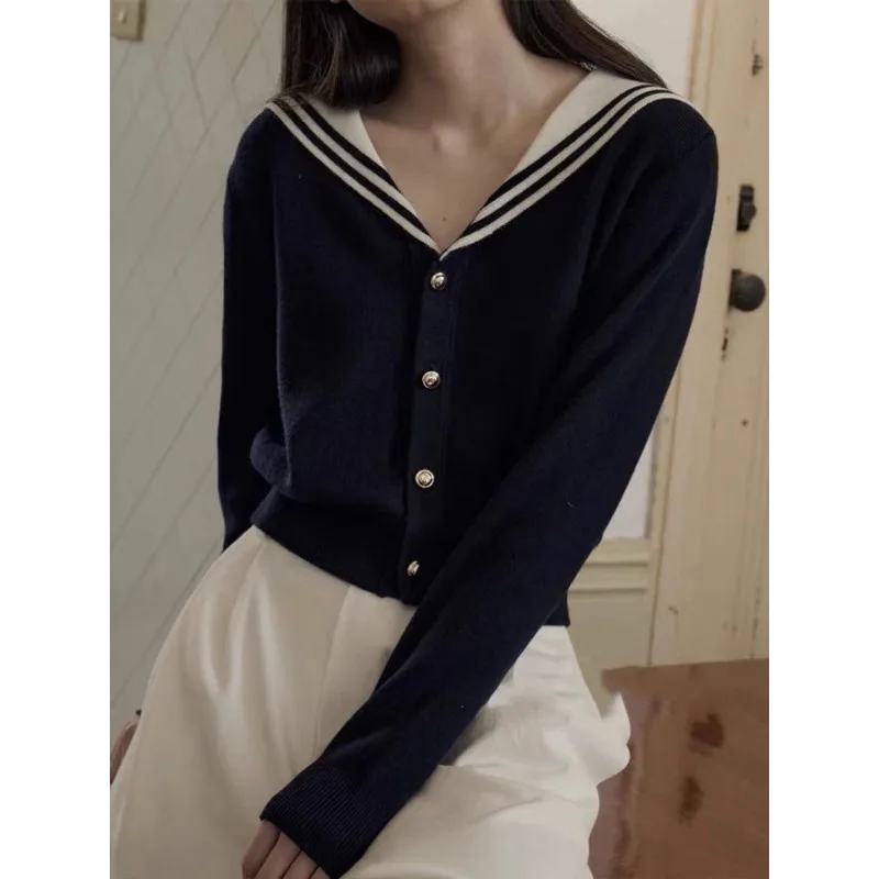 

Deeptown Vintage Sailor Collar Women Cardigan Preppy Basic Sweater Korean Style Spring Knitwear White Jumper Japanese Aesthetic