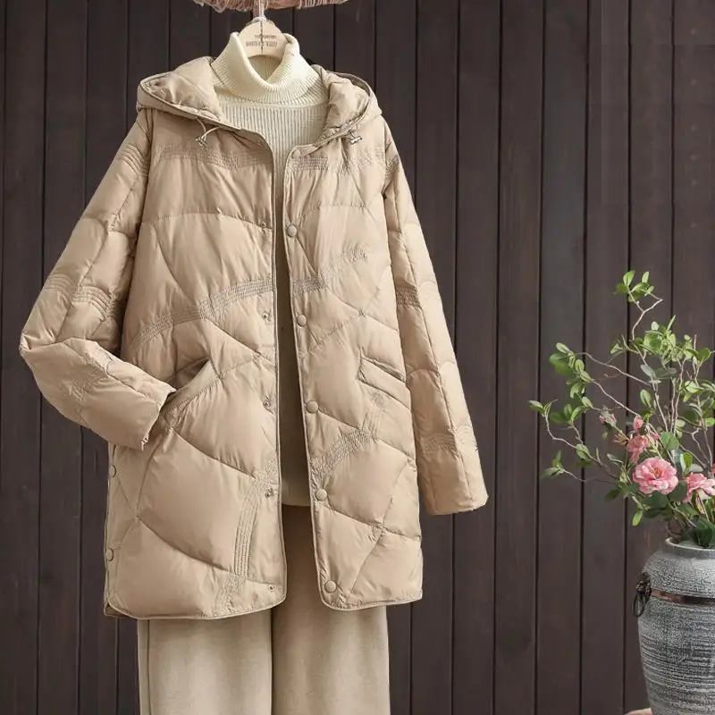 Casaco feminino solto com capuz, jaqueta branca grossa quente de pato, longo e grande puffer parkas, outwears femininos, outono, inverno, 2024