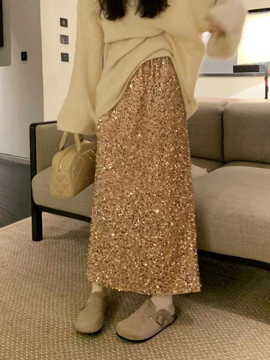 

Women's Elegant Sparkly Sequin Midi Skirt Elastic High Waist Shiny Glitter Pencil Formal Party Long Skirts