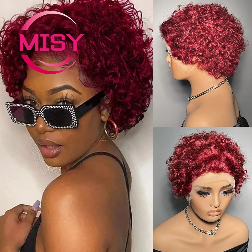 99J Burgundy Pixie Cut Wigs Human Hair 13x1 Transparent Lace Bob Wigs For Women Short Curly Human Hair Wig Natural Color Blonde