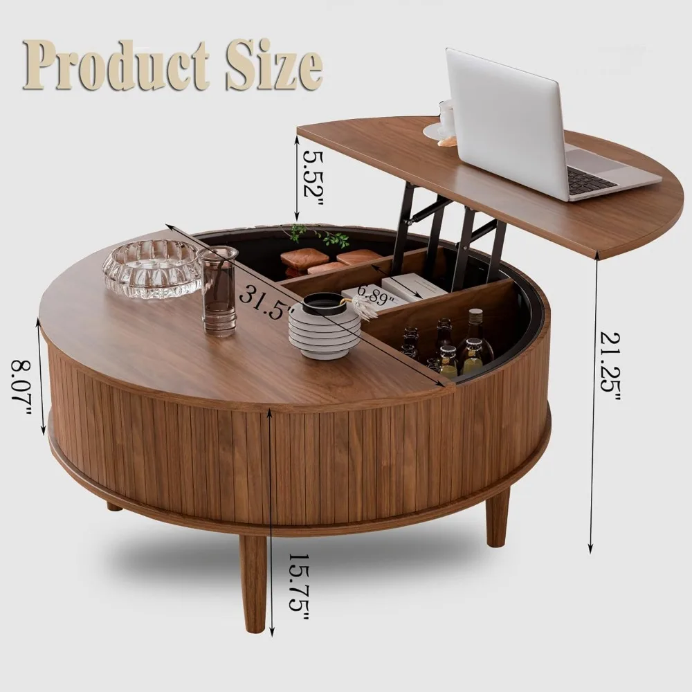Mesa de centro redonda canelada com armazenamento, mesa de centro moderna de meados do século para sala de estar, espaço pequeno para casa, canelada de 31,5"