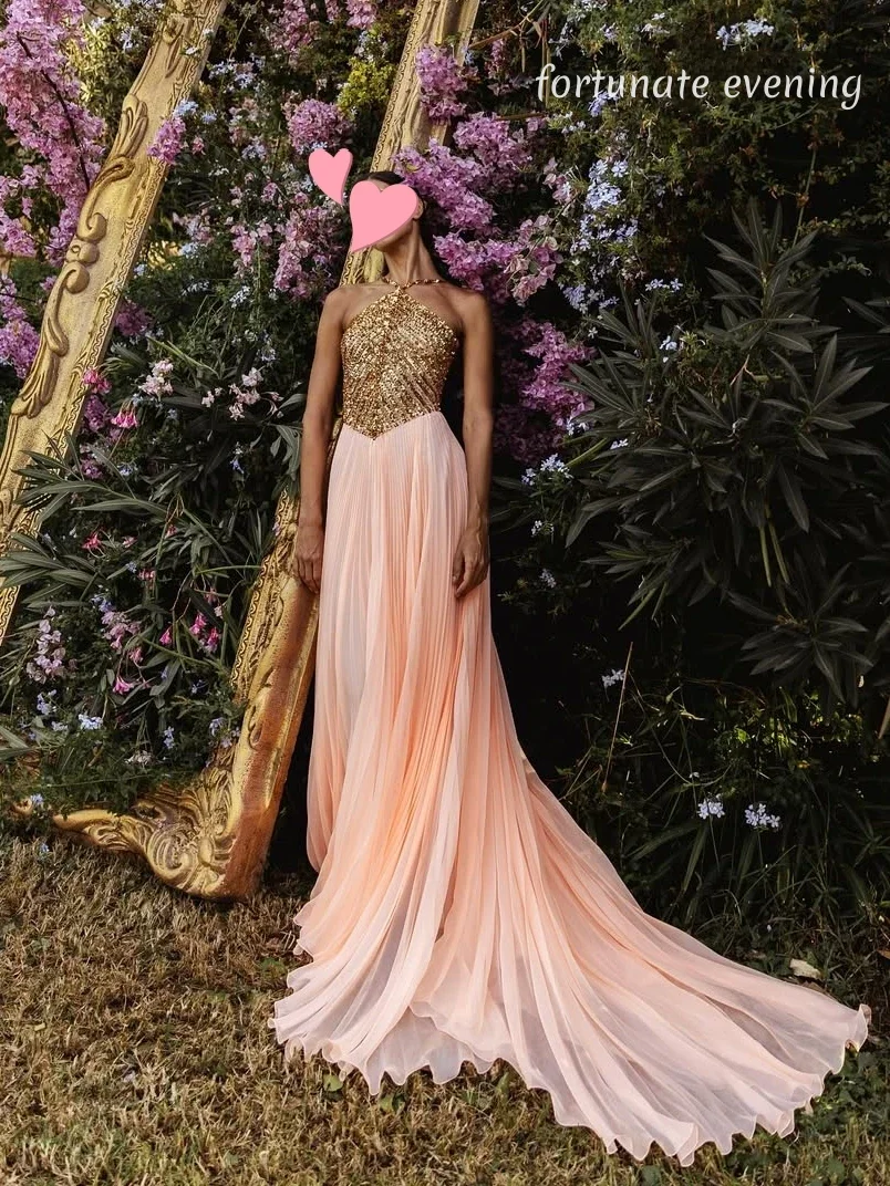 

Fortunate Evening Elegant Vintage Sweet Pink Gold Sequins Beads A-Line Customize Formal Occasion Prom Dress Evening Party Gowns