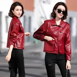 Spring Button Up Langarm Mädchen schwarz Motorrad Pu Leder Slim Fit rote Jacke Frauen kurze lose Lederjacke Overs ize xxl