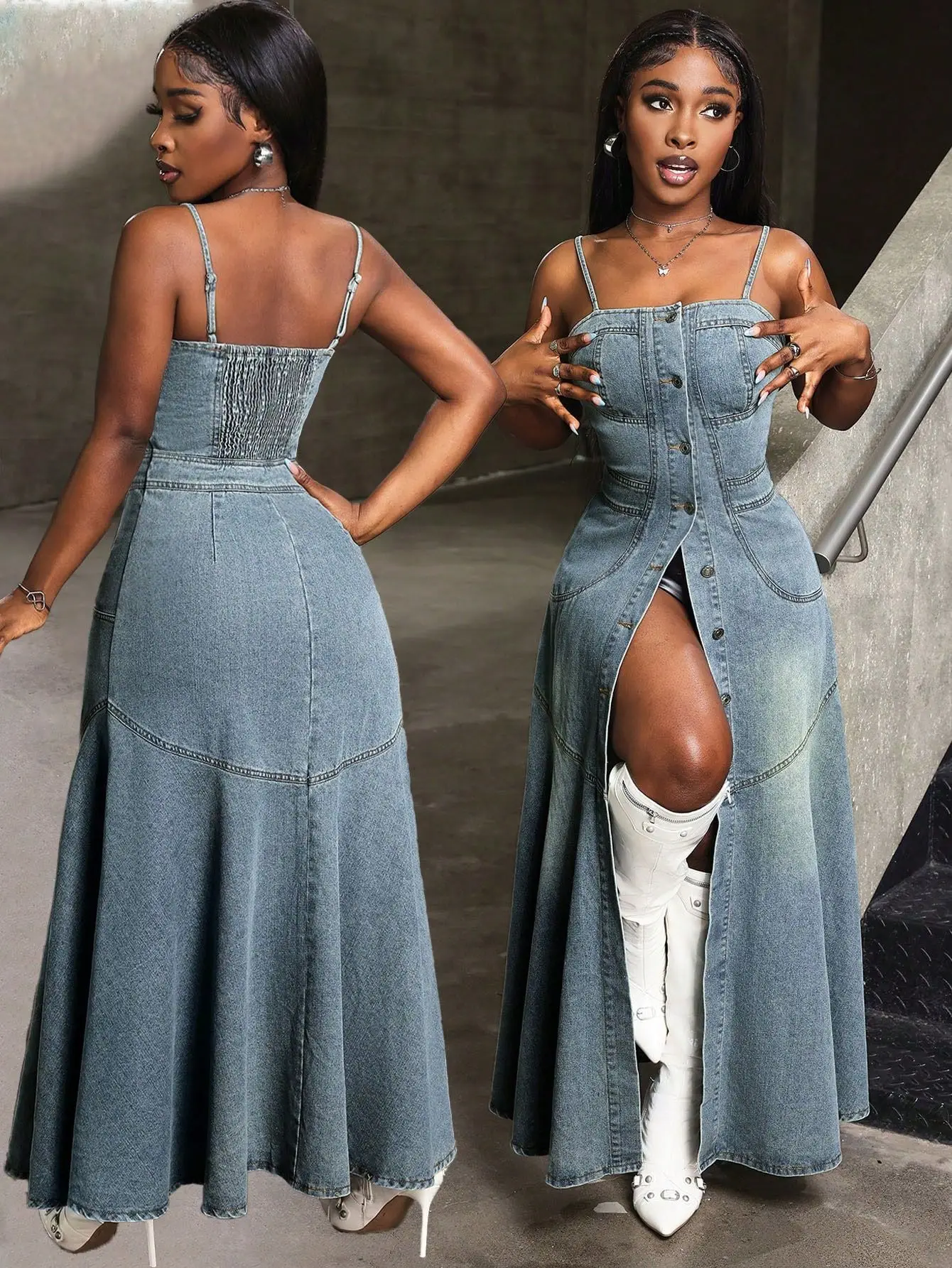 Vestido jeans feminino midi comprimento botão frontal em camadas babados vestido casual cor sólida sem mangas sexy vestido maxi com divisão alta