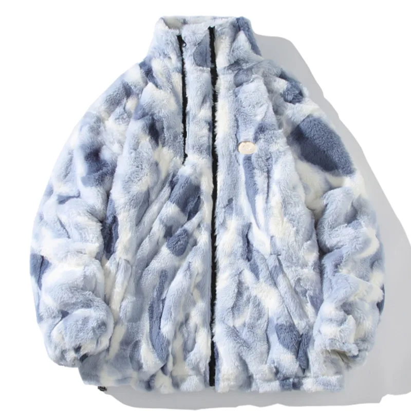 Men Winter Faux Fur Coat Tie Dye Gradient Imitation Rabbit Fur Jacket Harajuku Casual Loose Thick Outwear Zipper Lamb Fleece Top