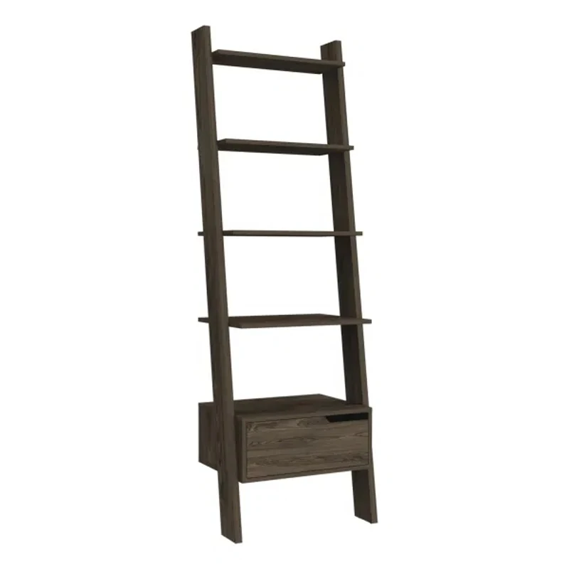 Oslo Ladder Bookcase Four Legs One Drawer Five Open Shelves -Dark Walnut A Great Way To Add Storage To Any Space