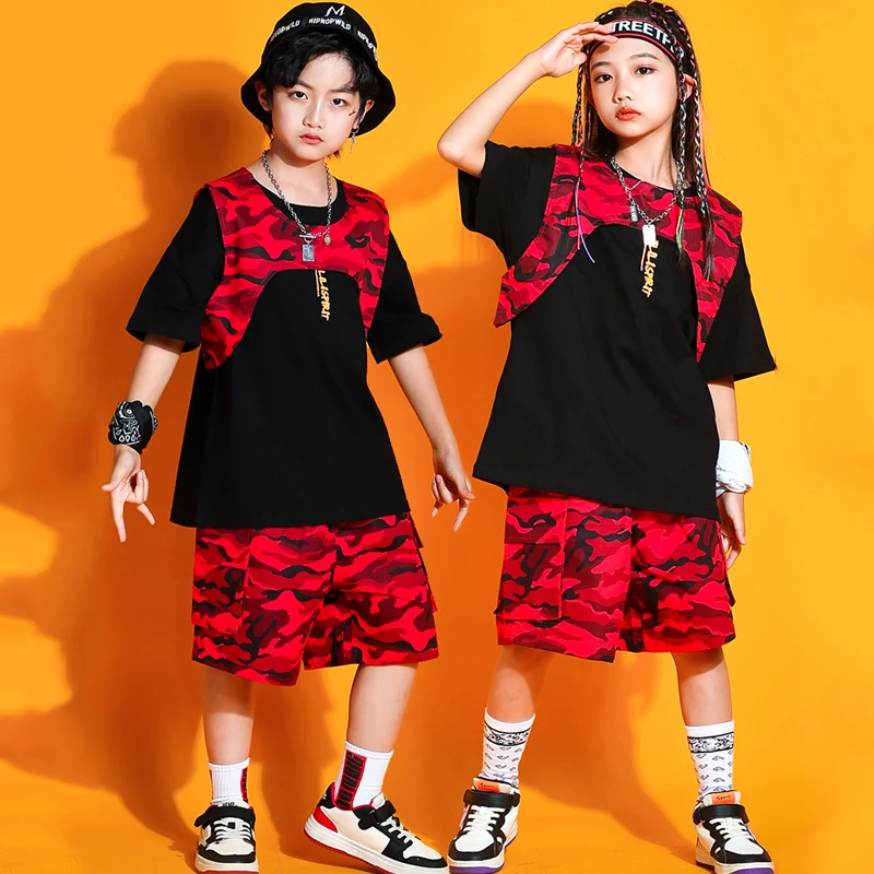 Ropa de baile de Jazz para niños y niñas, chaleco de camuflaje rojo, pantalones cortos, ropa de Hip Hop, traje de baile callejero, ropa Kpop, 7008