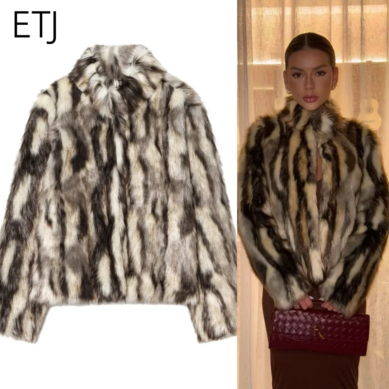 ETJ 2025 winter women's new fashion animal print natural color imitation fur standing collar jacket warm short coat