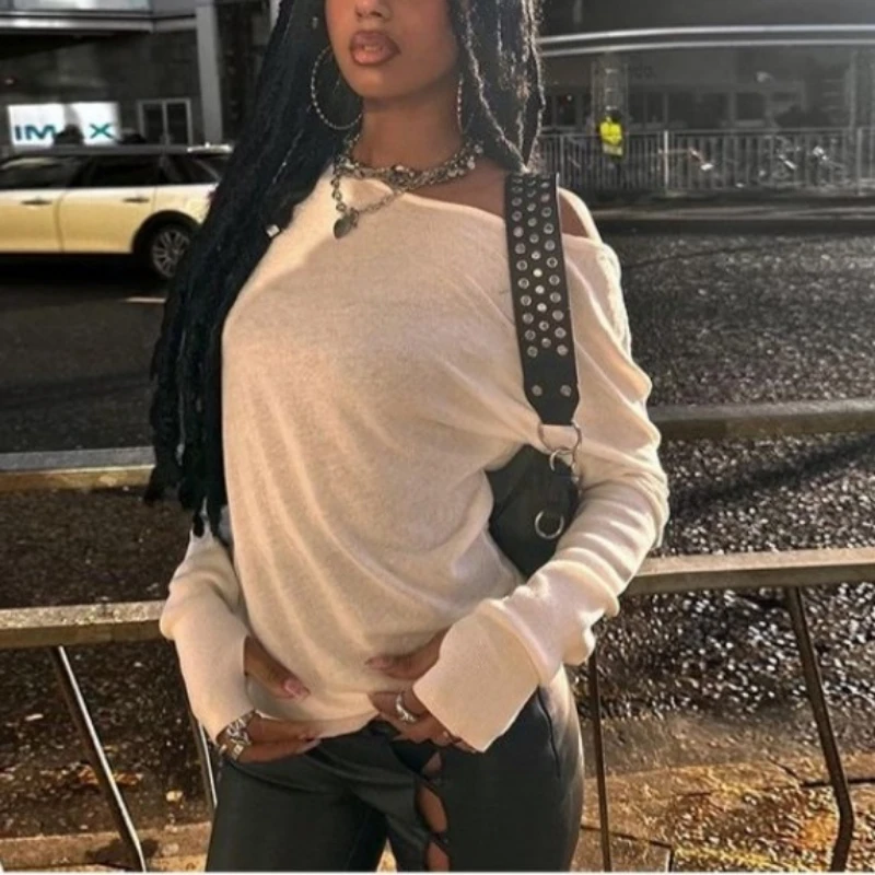 

Футболка Y2k, винтажные белые топы с длинными рукавами, модная футболка с открытыми плечами, одежда Cuteore, укороченный топ, женская футболка на одно плечо