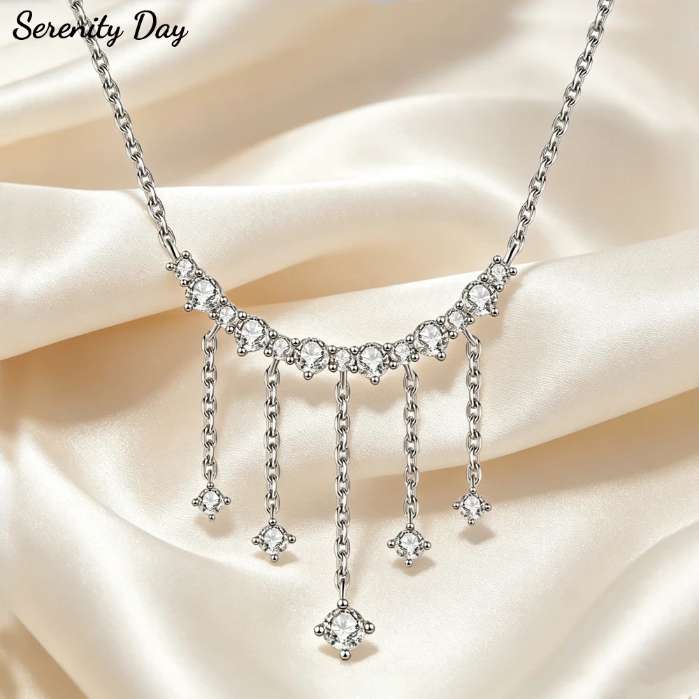 Serenity Full Moissanite Pendant Necklace Women Sparkling D Color Lab Diamond Tassel Necklace S925 Sterling Silver Chain Jewelry
