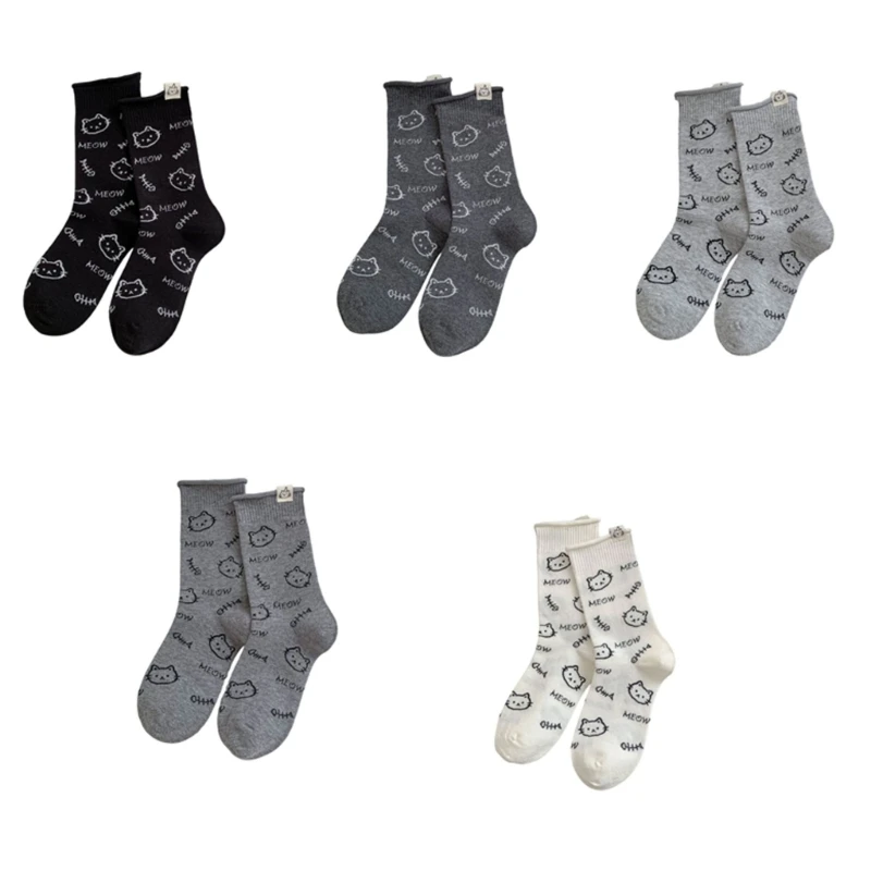 

Хлопковые носки до середины икры с принтом милых кошек для женщин и подростков, чулочно-носочные изделия 15UB