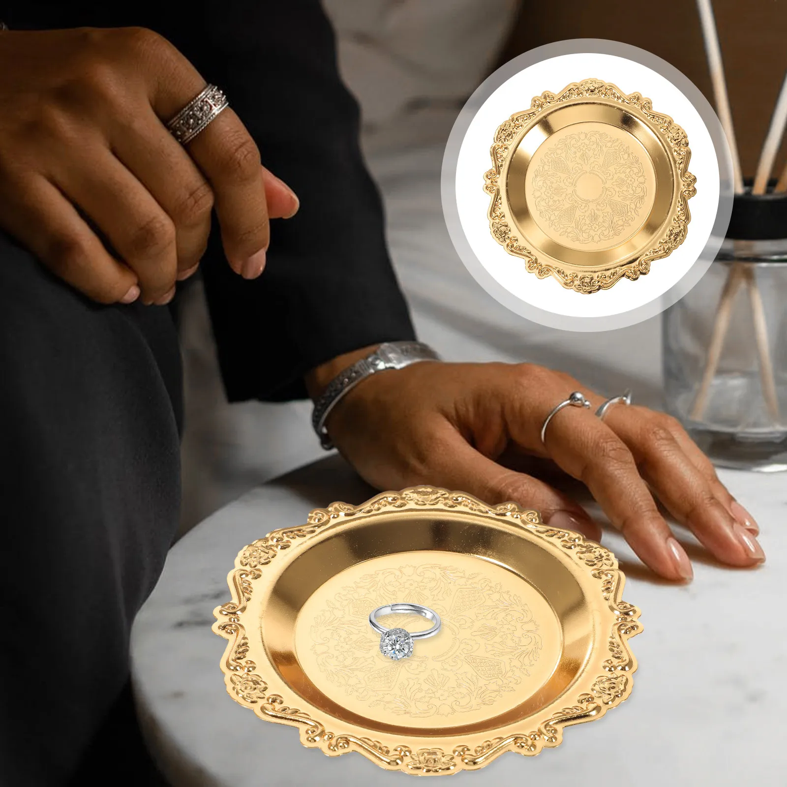 

Elegant Jewelry Organizer Decorative Vintage Style Storage Tray for Rings Earrings Nuts Candies Golden Tray