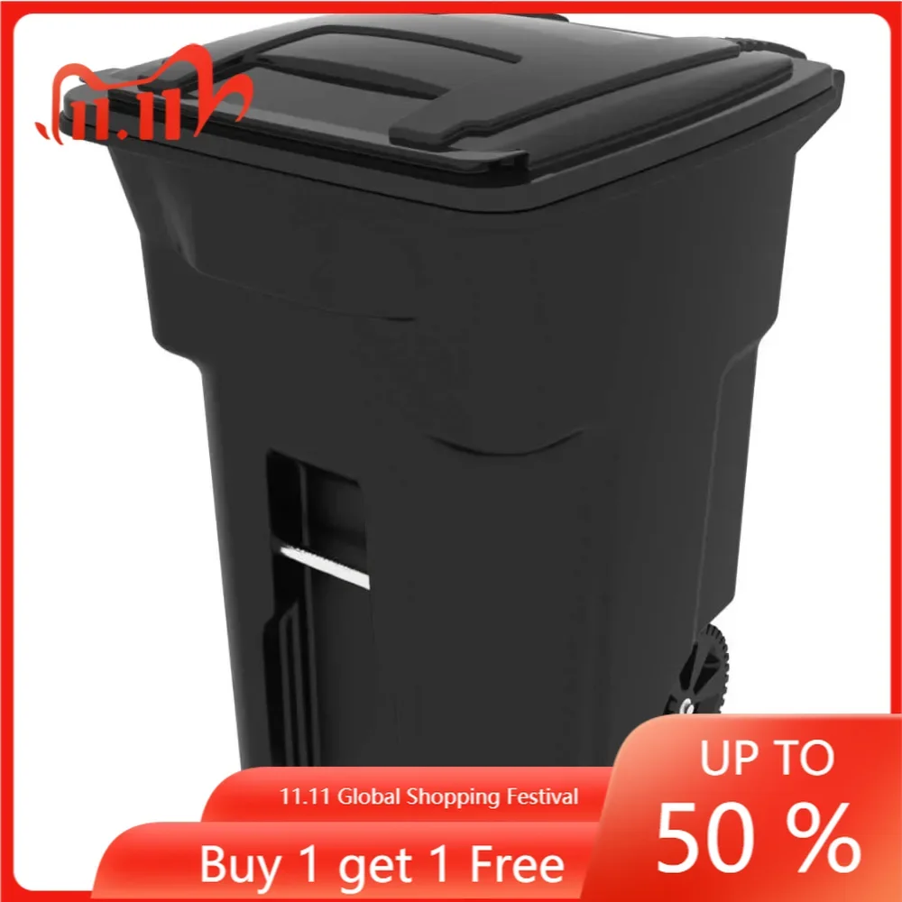 Household heavy-duty two wheeled covered garbage bin, 96 gallons, black