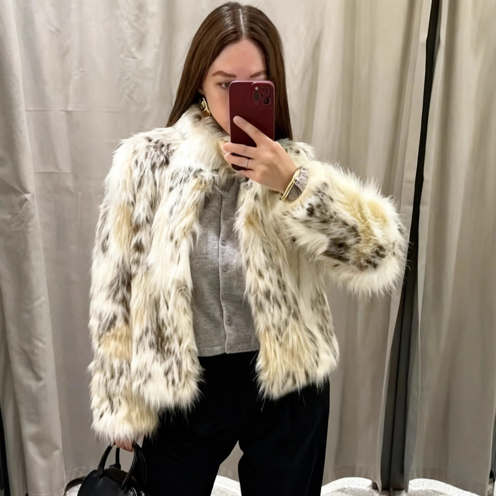 Casaco de pele sintética estampado feminino inverno retro moda casual pele artificial tingida jaqueta fofa manga comprida gola alta quente outwear