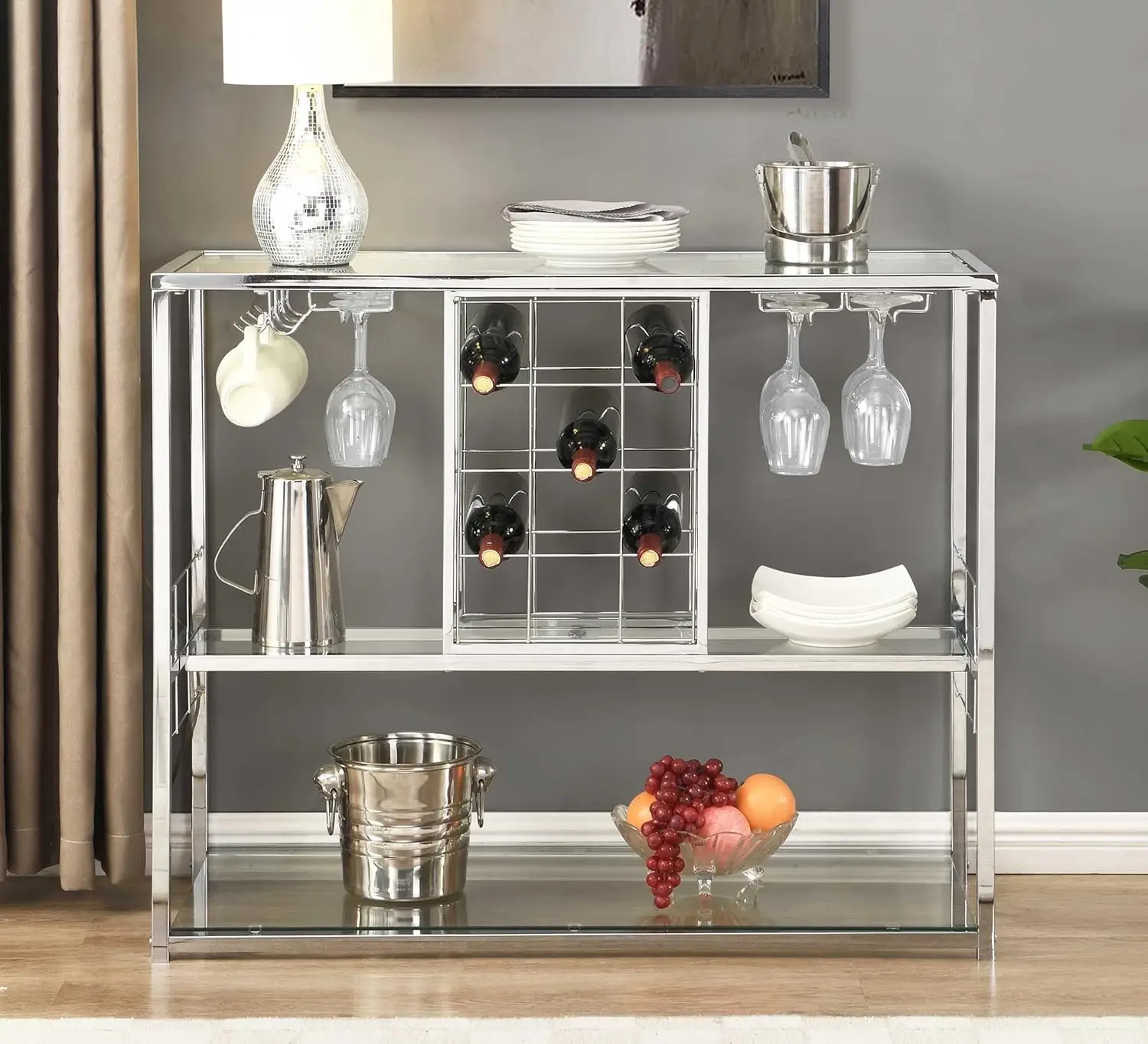 

Wine Rack Table with Glass Holder, 3-Tier with Temered Glass Shelves, Modern Liquor Cabinet with Storage for Wine, Customized